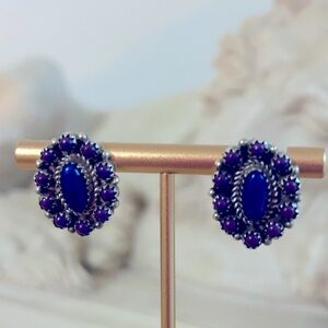 Vintage Lapis and Purple Cabochon  Earrings